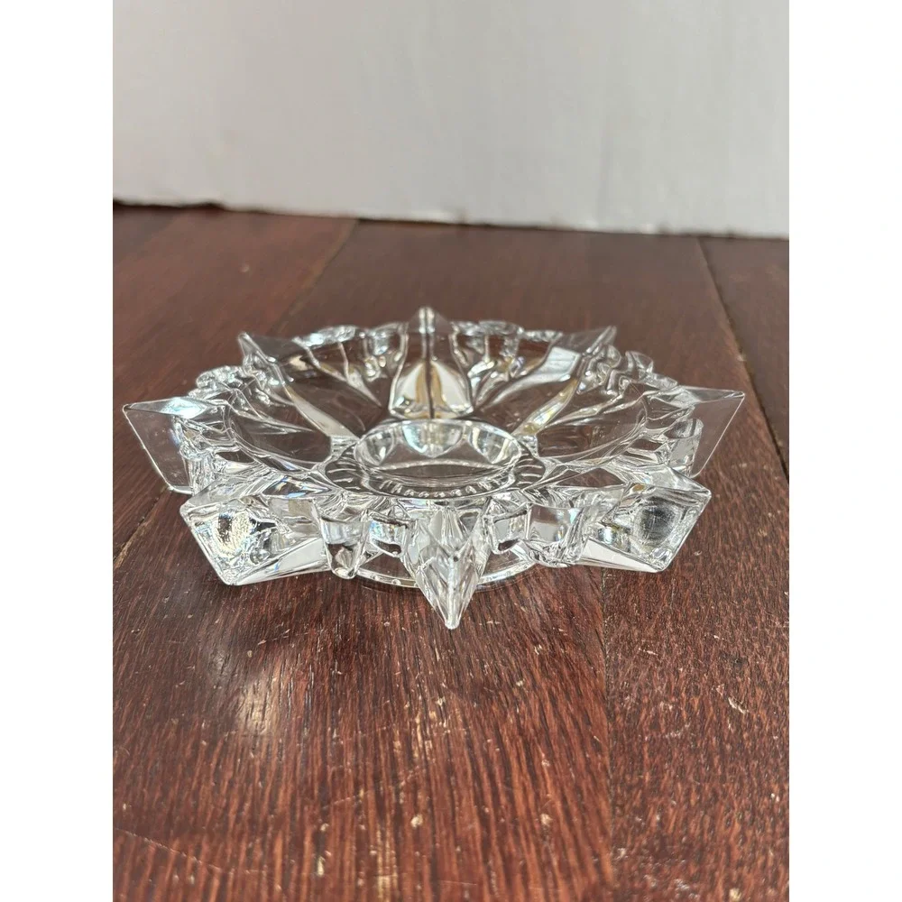 Vintage Clear Cut Glass Starburst Candle Holder Sunburst Tlight Pillar Dish 5.5